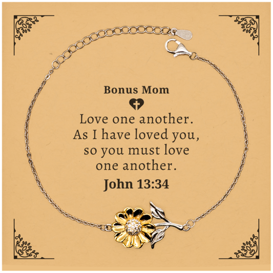 Bonus Mom Sunflower Bracelet - Love one another, Engraved Inspirational Gift for Mothers Day, Birthday, Christmas and Holidays