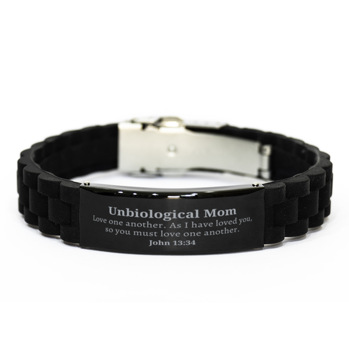 Black Glidelock Clasp Bracelet Unbiological Mom Love one another Engraved Inspirational Gift for Mothers Day Birthday Christmas Holidays, perfect for expressing love and gratitude