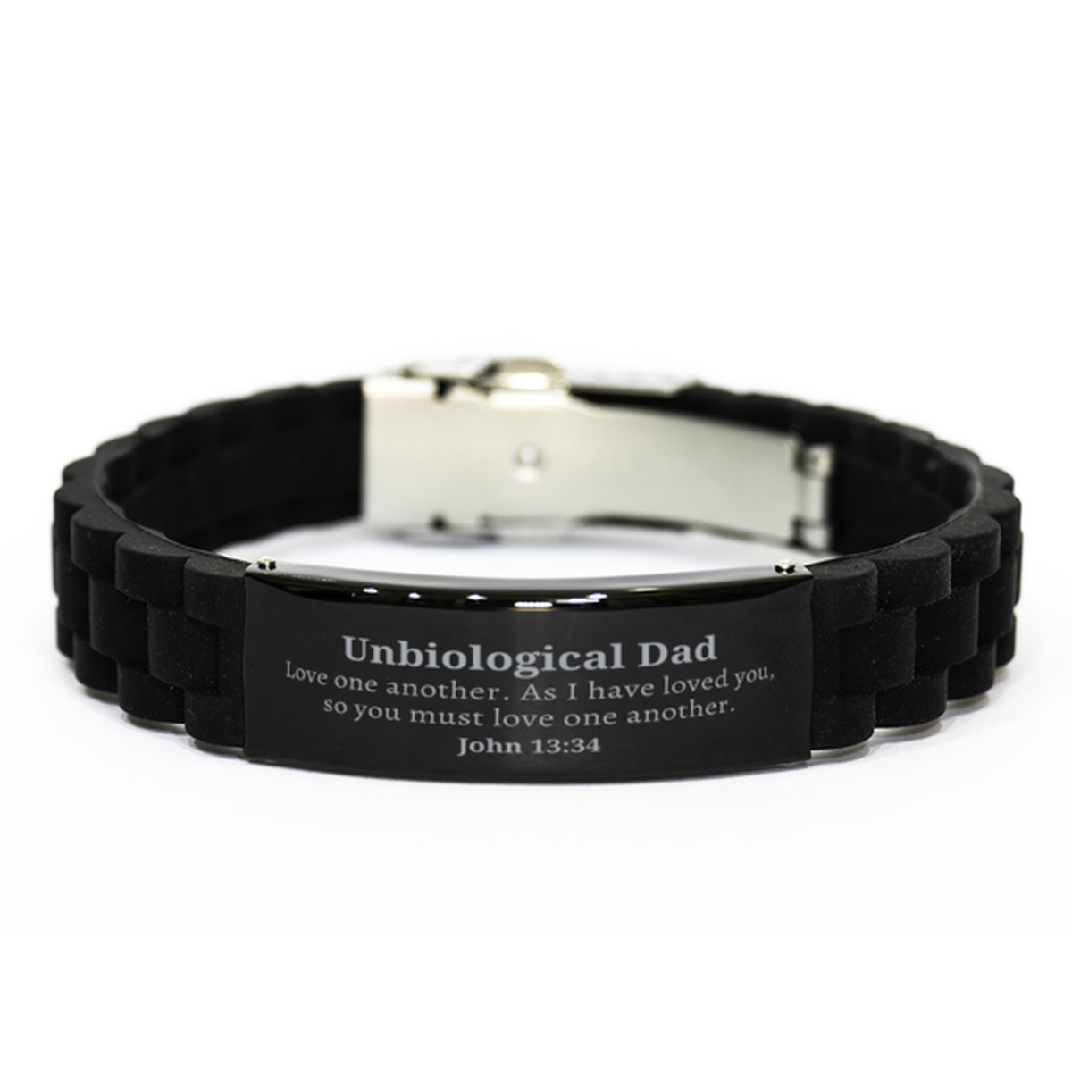 Unbiological Dad Black Glidelock Clasp Bracelet Love one another as I have loved you - Inspirational Fathers Day Gift for a Special Stepfather, Birthday or Christmas Present