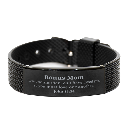 Bonus Mom Black Shark Mesh Bracelet Love one another, John 13:34, Unique Mothers Day Gift for Bonus Mom, Inspirational Confidence Jewelry