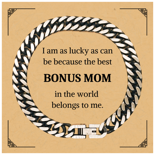 Bonus Mom Cuban Link Chain Bracelet - Best Bonus Mom in the world belongs to me - Engraved Gift for Mothers Day, Birthday, Christmas, and Holidays - Unique Jewelry for a Special Woman in my life