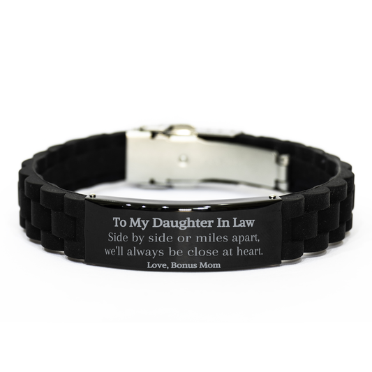 Daughter In Law Black Glidelock Clasp Bracelet - Side by side or miles apart, always close at heart. Birthday Christmas Graduation Gift for Daughter In Law from Bonus Mom