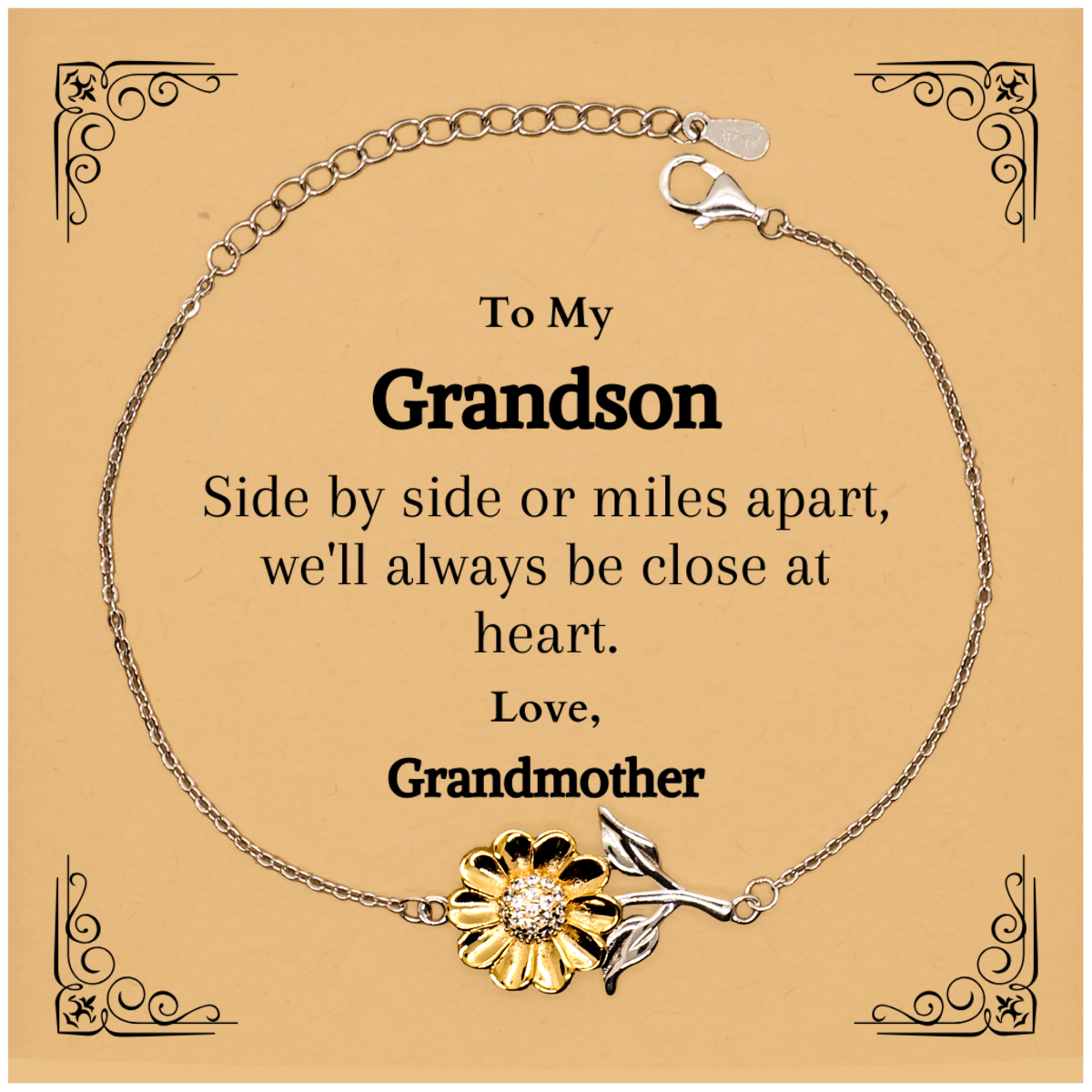 Grandson Sunflower Bracelet To My Grandson Side by side or miles apart, well always be close at heart. Love, Grandmother - Keepsake Gift for Birthday, Christmas, Veterans Day, Graduation- Engraved Inspirational Jewelry for Grandson