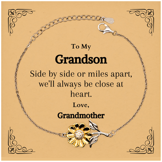 Grandson Sunflower Bracelet To My Grandson Side by side or miles apart, well always be close at heart. Love, Grandmother - Keepsake Gift for Birthday, Christmas, Veterans Day, Graduation- Engraved Inspirational Jewelry for Grandson