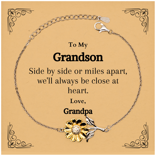 Sunflower Bracelet Grandson Gift Side By Side or Miles Apart, Always Close at Heart Love Grandpa Engraved Inspirational Jewelry for Birthday Christmas Holidays