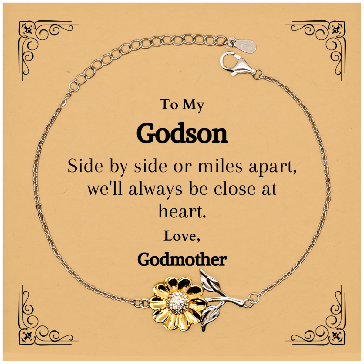 Godson Sunflower Bracelet - Close at Heart Love from Godmother, Inspirational Graduation Gift for Him, Engraved Jewelry, Special Occasion Keepsake