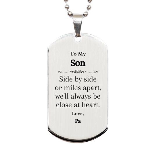 silver dog tag for son engraved with side by side or miles apart always close at heart perfect gift for christmas graduation and birthdays unique and inspirational