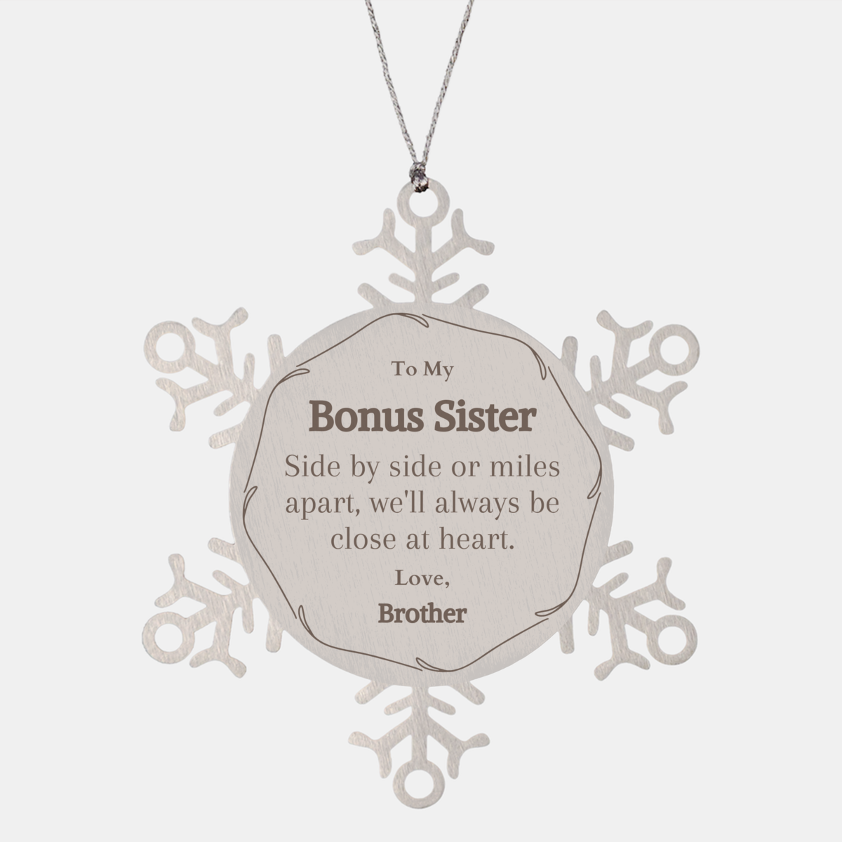 Adorno de copo de nieve con texto en inglés "Bono Sister Love Brother", regalo de Navidad grabado para cuñada, hermanastra, hermano, regalo de Navidad, decoración navideña, relleno de calcetines