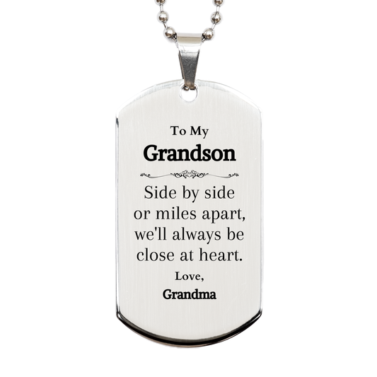 To My Grandson Engraved Silver Dog Tag Graduation Gift Inspirational Keepsake for Grandson from Grandma Close at Heart Love Military Style Pendant Necklace Birthday Christmas Veterans Day Gift Custom Pet Tag Fast Shipping