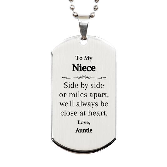 Engraved Silver Dog Tag Niece Gift - Side by Side Always Close at Heart - Birthday, Christmas, Graduation, Inspirational Necklace for Niece from Auntie - Unique Keepsake Military Style Pendant for Niece - Sentimental Niece Jewelry for Women