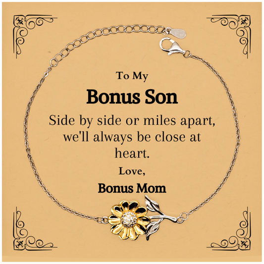 Bonus Son Sunflower Bracelet - Close at Heart, Love, Bonus Mom - Perfect Gift for Birthday, Christmas, Graduation, and Easter - Engraved Jewelry for Bonus Son