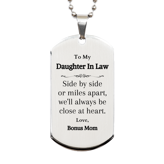 Daughter In Law Engraved Silver Dog Tag - Side by side or miles apart, always close at heart - Gift for Birthday, Christmas, Holidays - Bonus Mom Love - Thoughtful Daughter In Law Jewelry