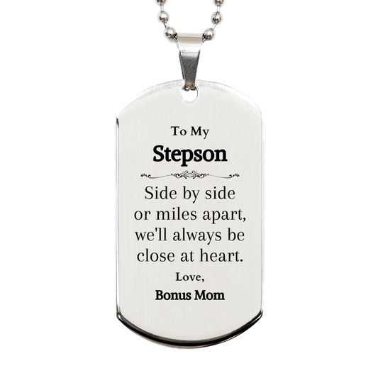 Stepson Engraved Silver Dog Tag Gift - Side by Side Always Close at Heart - Bonus Mom love Birthday Christmas Graduation Veterans Day