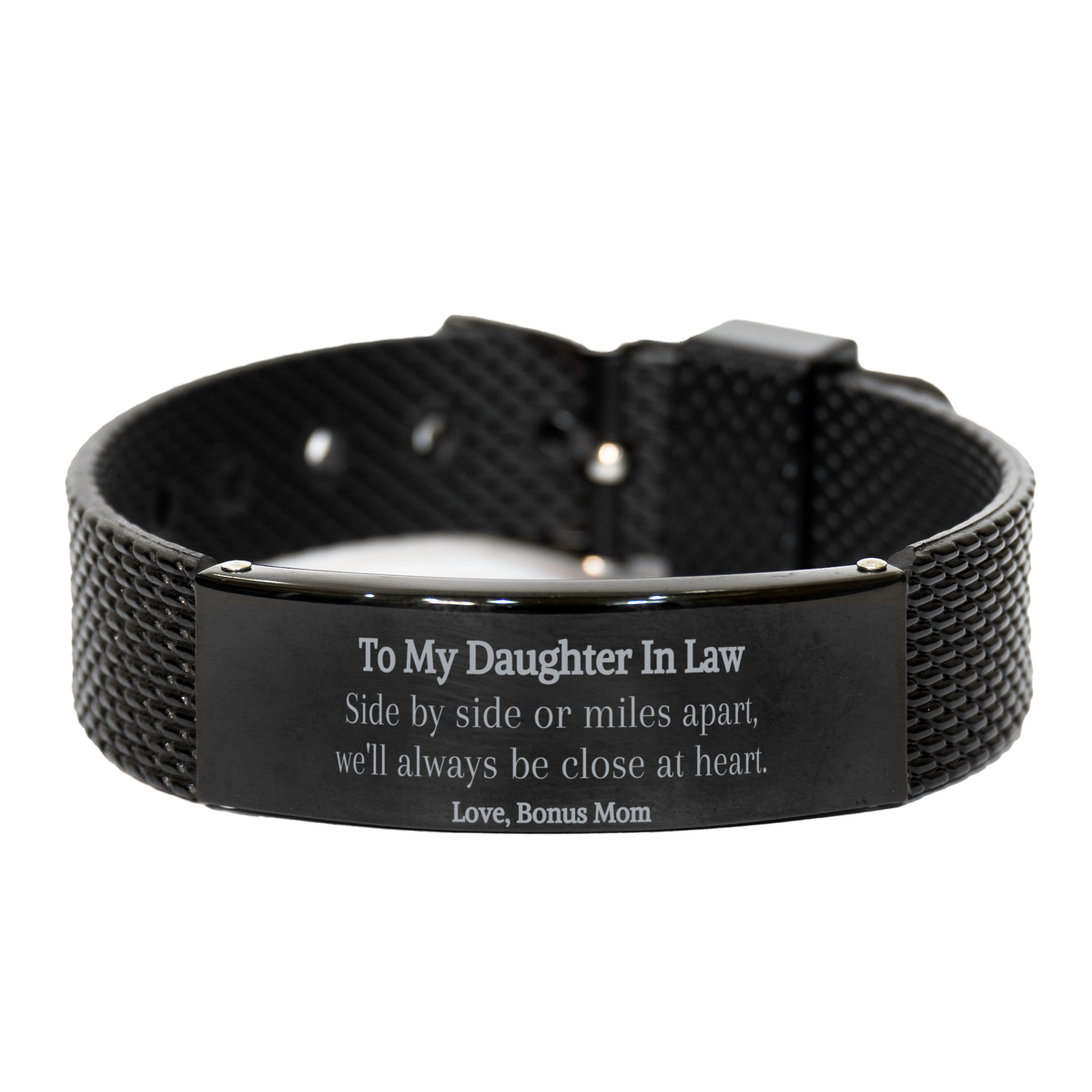 Pulsera de malla de tiburón negro para nuera: lado a lado o a kilómetros de distancia, siempre cerca del corazón: regalo adicional de amor y agradecimiento para mamá por cumpleaños o días festivos