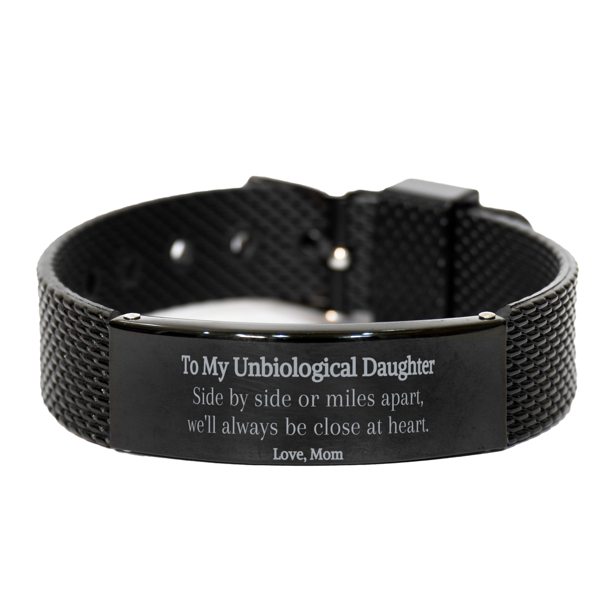 Pulsera de hija no biológica: amor grabado de mamá, regalo de cumpleaños perfecto para tu hija no biológica, pulsera de malla de tiburón negro para mostrar tu amor y aprecio, regalo considerado y único para tu hija no biológica