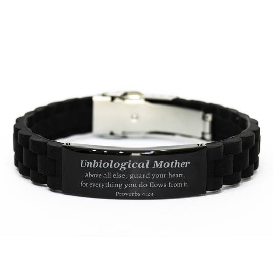 Unbiological Mother Black Glidelock Clasp Bracelet - Inspirational Jewelry for Unbiological Mothers, Perfect Christmas Gift for Unbiological Mother, Proverbs 4:23