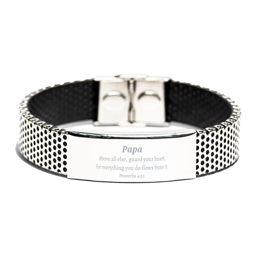 Stainless Steel Papa Bracelet - Guard Your Heart Engraved Inspirational Gift for Dad, Papa, Fathers Day, Christmas, Birthday, Veterans Day - Proverbs 4:23