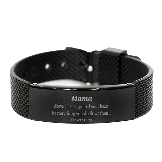 Pulsera de malla de tiburón negro con cita de mamá grabada, regalo inspirador para el Día de la Madre, cumpleaños, Navidad: Cuida tu corazón, Proverbios 4:23