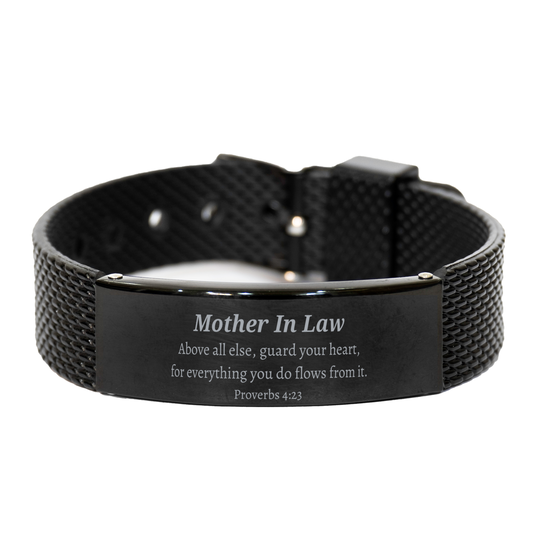 Pulsera de malla con diseño de tiburón negro para suegra: por sobre todas las cosas, cuida tu corazón con este regalo único e inspirador para tu suegra en Navidad, cumpleaños y Pascua. Proverbios 4:23 grabado