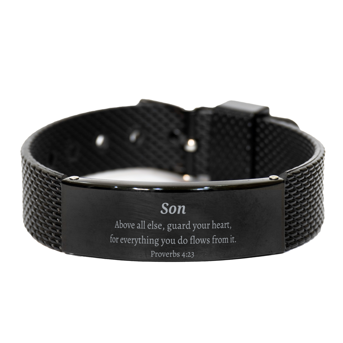 Pulsera de malla de tiburón negro para hijo: regalo inspirador de Proverbios 4:23 para él en cumpleaños, Navidad y graduación: joyería única grabada para el Día del Padre para proteger su corazón y mostrar amor y aprecio por su hijo