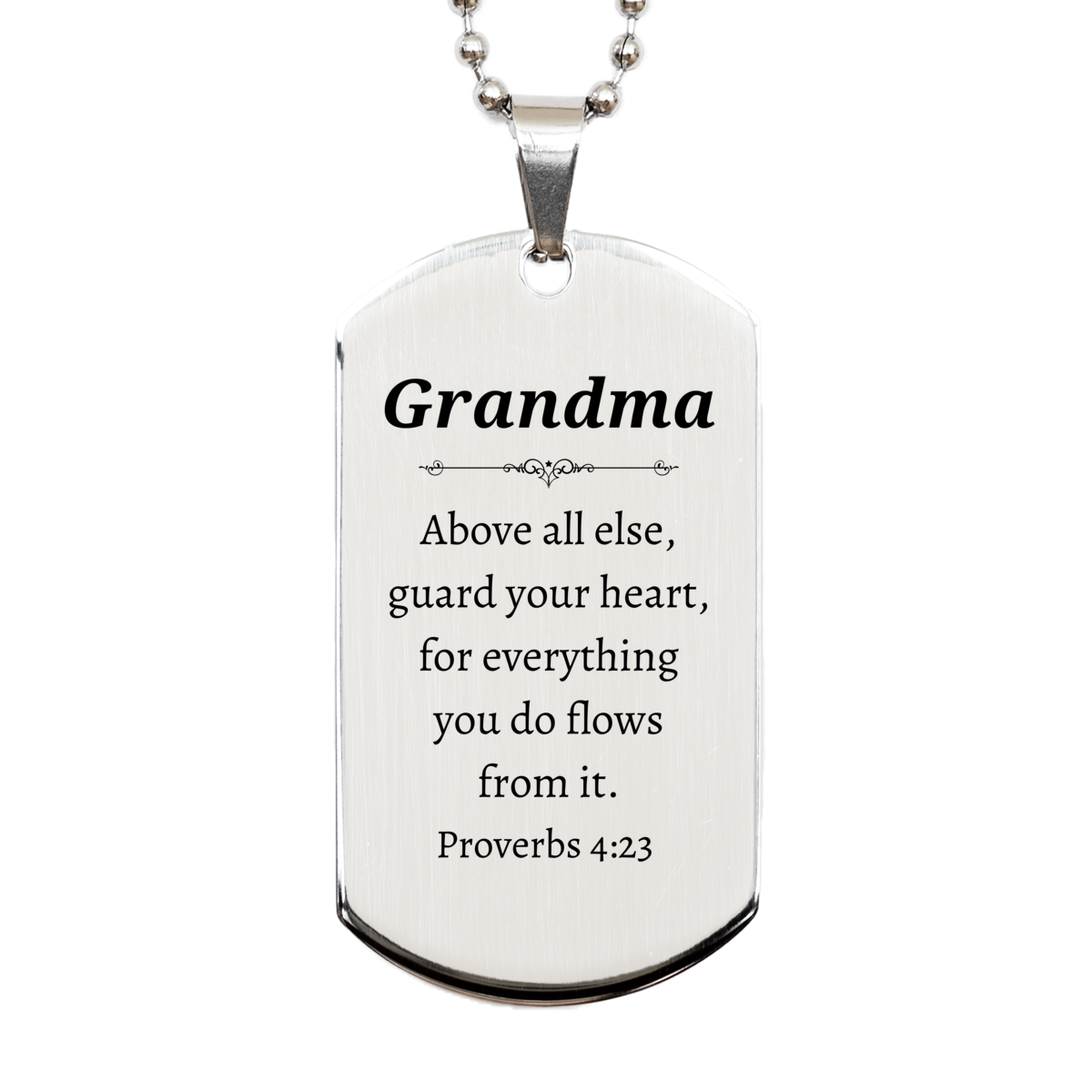 Placa de identificación de plata grabada para abuela. Inspirador regalo de Navidad de Proverbios 4:23 para que la abuela cuide su corazón y demuestre amor y aprecio.