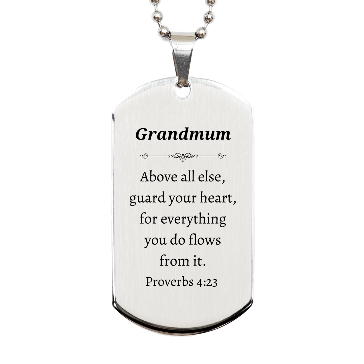 Placa de identificación de plata para abuela: grabado con Proverbios 4:23, regalo inspirador para abuela en Navidad, cumpleaños y cualquier ocasión especial