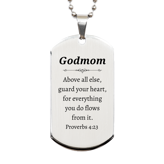 Silver Dog Tag Godmom Engraved Necklace - Proverbs 4:23 Inspirational Gift for Birthday, Christmas, Graduation, Veterans Day, Easter