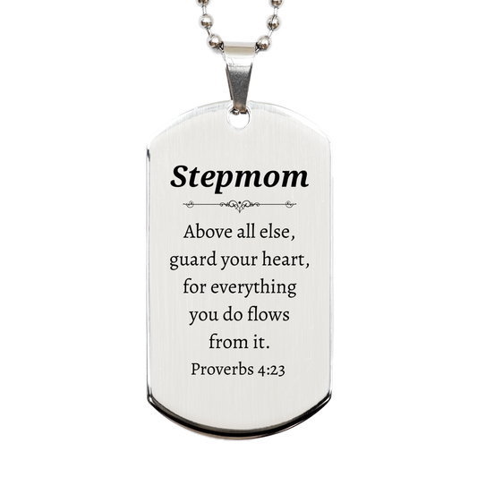 Personalized Engraved Silver Dog Tag Step Mom Above all else, guard your heart, for every action flows from it. Inspirational Gift for Mothers Day, Christmas, Birthday.