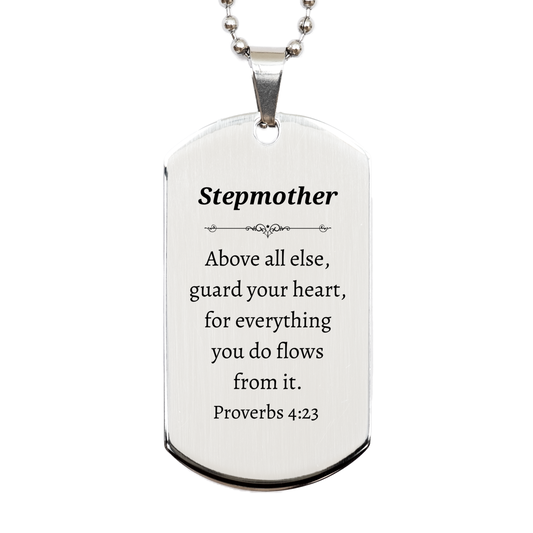 Stepmother Engraved Silver Dog Tag - Guard Your Heart Inspirational Necklace for Stepmom Birthday Gift