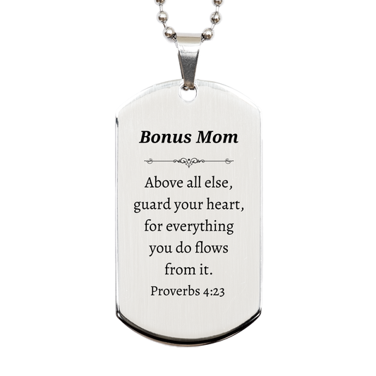 Silver Dog Tag Bonus Mom - Proverbs 4:23 Engraved Inspirational Gift for Mothers Day, Birthday, Christmas, and Beyond