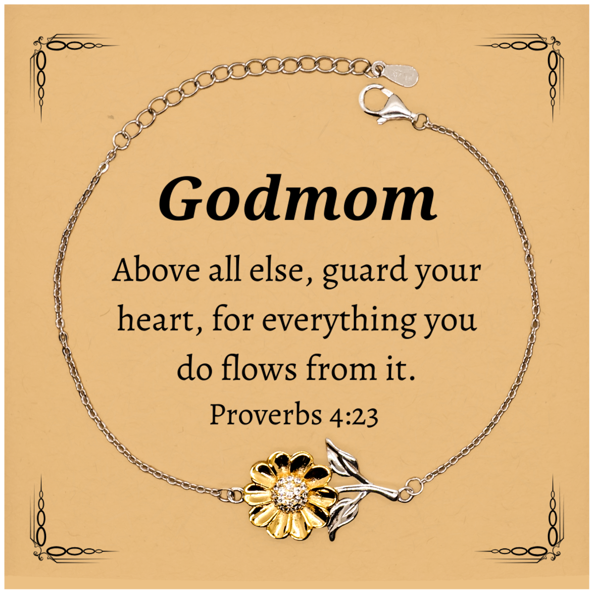 Sunflower Bracelet Godmom Inspirational Quote Engraved Birthday Gift for Her, Proverbs 4:23, Confidence and Hope Jewelry for Mothers Day, Christmas, Easter, and Graduation