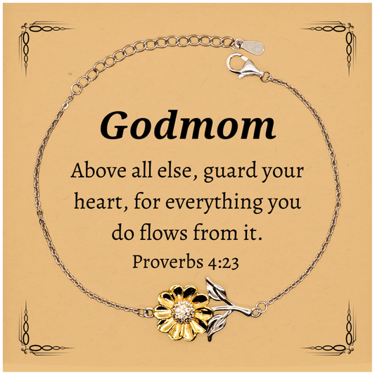 Sunflower Bracelet Godmom Inspirational Quote Engraved Birthday Gift for Her, Proverbs 4:23, Confidence and Hope Jewelry for Mothers Day, Christmas, Easter, and Graduation