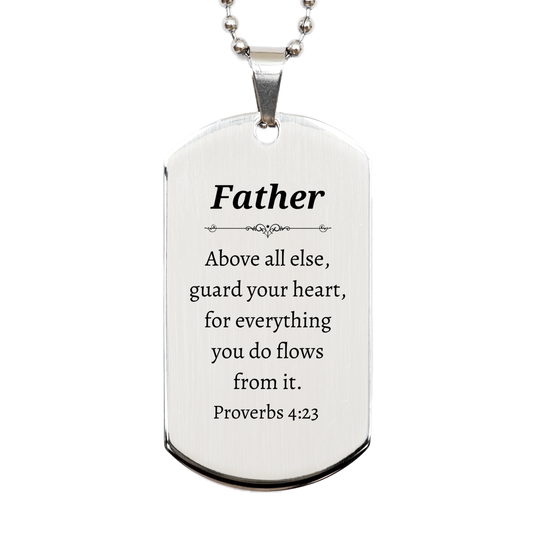 Father Silver Dog Tag Inspirational Proverbs 4:23 Engraved Jewelry for Dads Birthday or Christmas Gift Idea