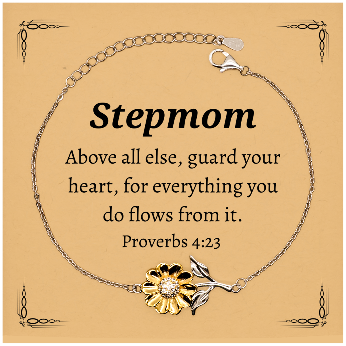 Sunflower Bracelet Stepmom Gift - Engraved with Proverbs 4:23 for Mothers Day, Birthday, Christmas - Inspirational Jewelry for Stepmom Confidence and Love