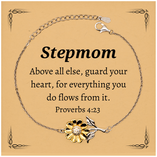 Sunflower Bracelet Stepmom Gift - Engraved with Proverbs 4:23 for Mothers Day, Birthday, Christmas - Inspirational Jewelry for Stepmom Confidence and Love