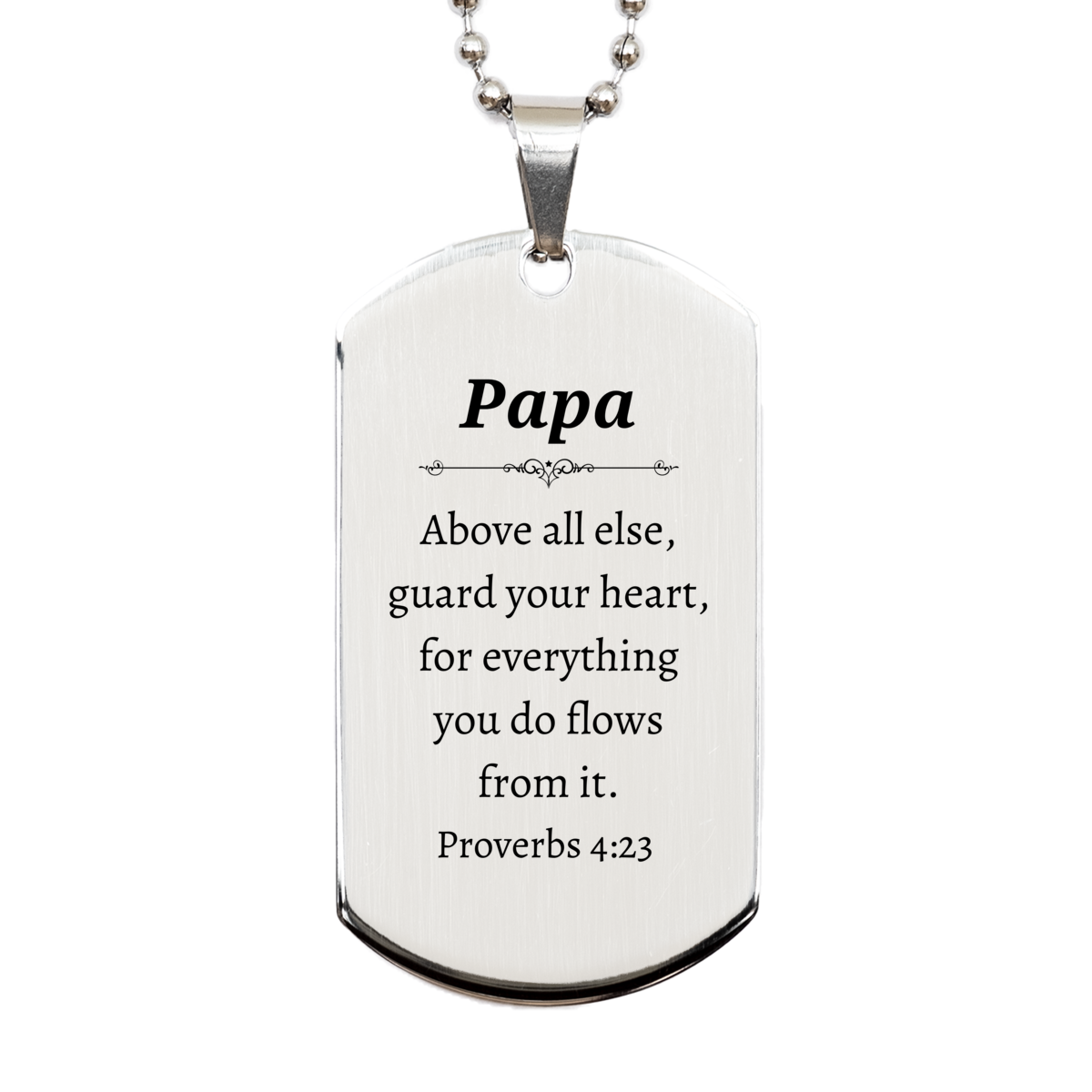 Unique Engraved Silver Dog Tag Papa Guard Heart Proverbs 4:23 Fathers Day Inspirational Gift for Dad Birthday Christmas Veterans Day