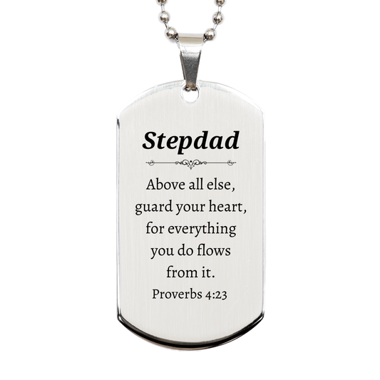 Stepdad Silver Dog Tag Guard Your Heart Proverbs 4:23 Engraved Inspirational Gift for Birthday and Christmas