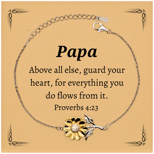 Pulsera de girasol para papá: regalo inspirador de Proverbios 4:23 para papá en Navidad, cumpleaños o graduación, joyería grabada única con mensaje significativo