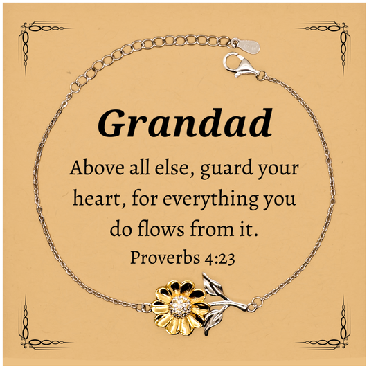 Grandad Sunflower Bracelet Engraved Inspirational Proverbs 4:23 Gift for Birthday, Christmas, Veterans Day, and Easter