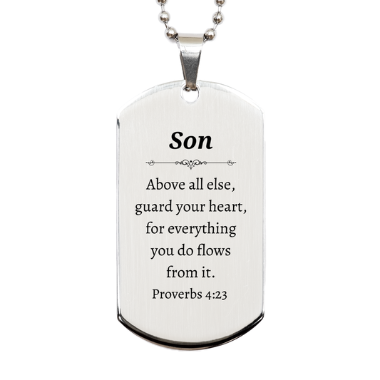 unique silver dog tag for son engraved with proverbs 4 23 perfect graduation gift for him inspirational jewelry for son birthday or christmas present for son confidence boosting dog tag for son