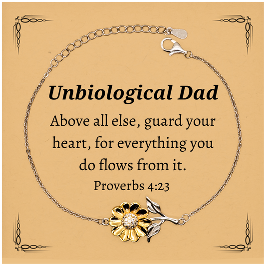 Sunflower Bracelet Unbiological Dad Proverbs 4:23 Quote Gift for Fathers Day, Birthday, Christmas, and Graduation, Unique Engraved Jewelry for Stepdad, Inspirational Confidence Bracelet for Dad