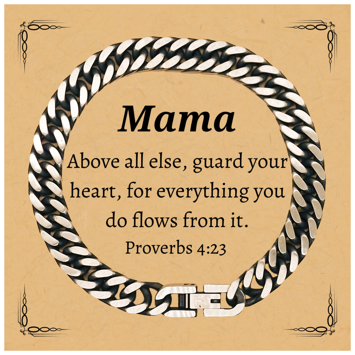 Mama Cuban Link Chain Bracelet Engraved with Proverbs 4:23 Inspirational Gift for Her Birthday, Christmas, Graduation, Mothers Day