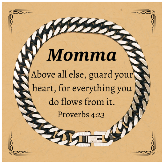 Momma Cuban Link Chain Bracelet Inspirational Proverbs 4:23 Gift for Her Birthday, Christmas, Mothers Day, Confidence and Love Jewelry for Women