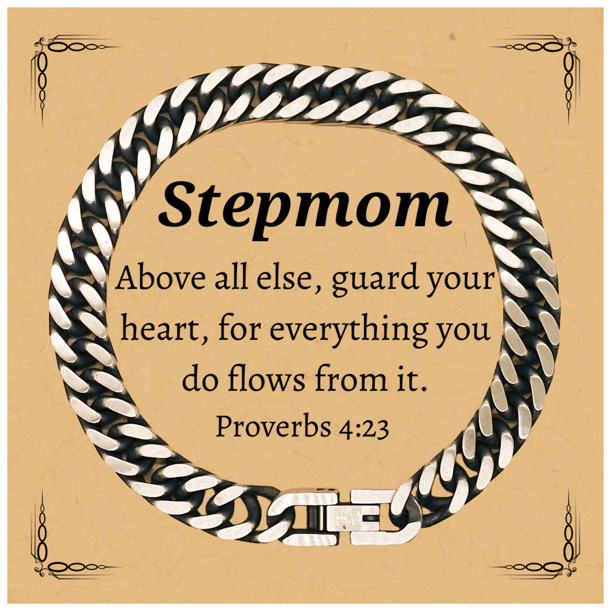 Stepmom Unique Engraved Cuban Link Chain Bracelet, Perfect Gift for Mothers Day, Graduation, Holidays, Proverbs 4:23 Above all else, guard your heart. - Inspirational Confidence Jewelry for Step Mom