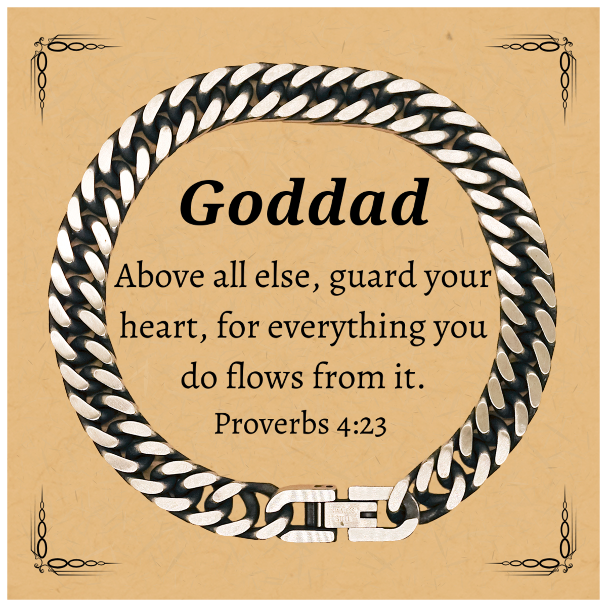 Unique Goddad Cuban Link Chain Bracelet Engraved with Proverbs 4:23 Verse for Gift giving, Birthday, Graduation, Confidence and Hope, Christian Jewelry for Men and Women