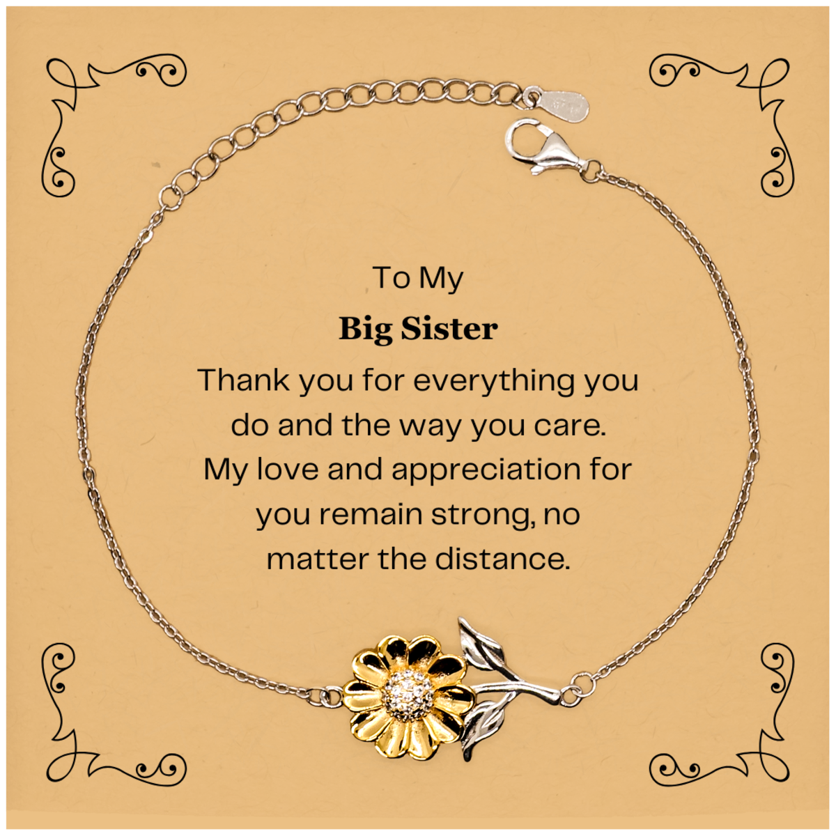 Big Sister Sunflower Bracelet - My Love and Appreciation for You Remain Strong, No Matter the Distance - Engraved Gift for Birthday, Christmas, and Holidays