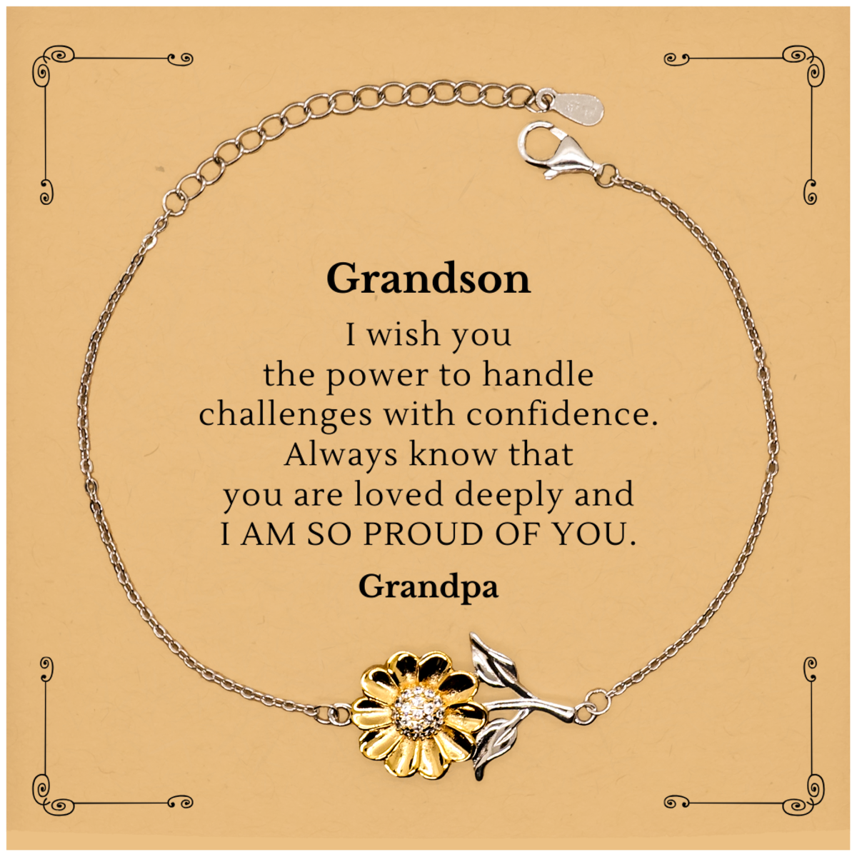 Sunflower Bracelet Grandson Gift engraved with love, hope and confidence - Perfect Graduation or Birthday Present for Grandson to handle challenges with pride and assurance - Grandpa proud of you