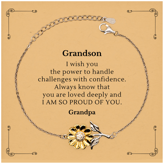 Sunflower Bracelet Grandson Gift engraved with love, hope and confidence - Perfect Graduation or Birthday Present for Grandson to handle challenges with pride and assurance - Grandpa proud of you