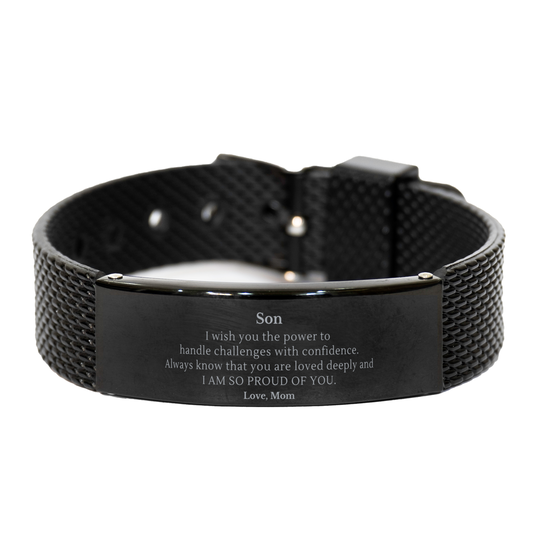 Unique Black Shark Mesh Bracelet For Son - Engraved Confidence for Birthday Gift - Son, Im proud of you. Love, Mom