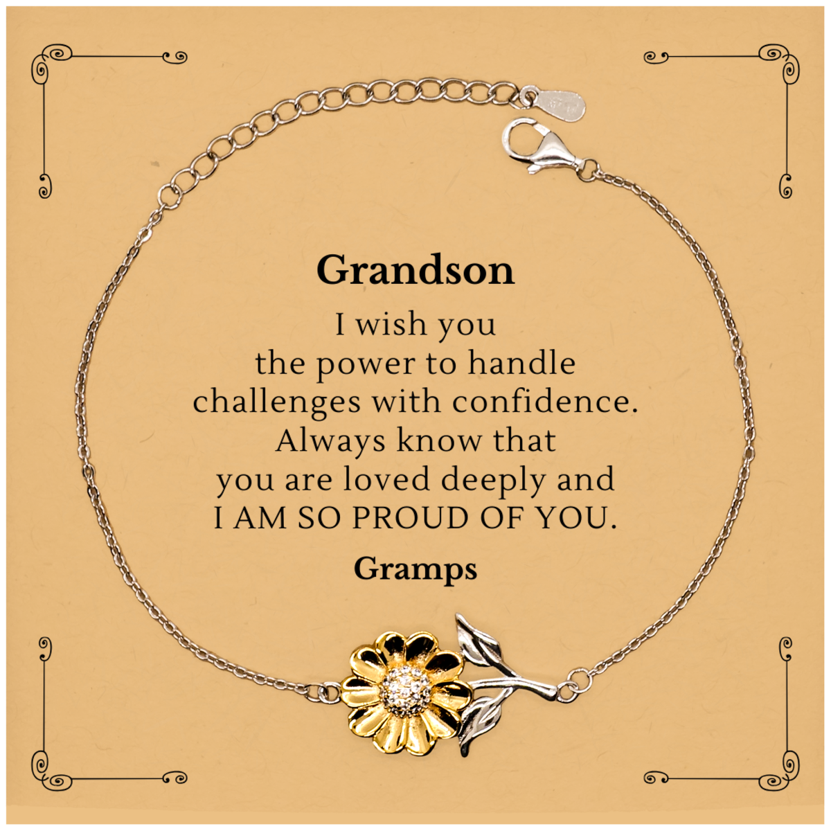 Grandson Bracelet Engraved with Love and Confidence, Perfect Gift for Grandsons Birthday, Christmas, or Graduation, Sunflower Bracelet Long Distance Relationship Gift for Grandson